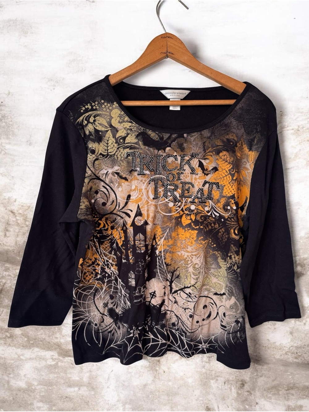 Christopher & Banks Petite XL Halloween Trick or Treat Rhinestone Top